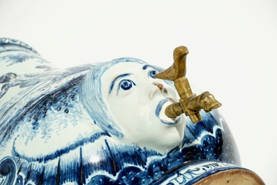 A blue and white French faience Delft style wall fountain and basin, Bourg-la-Reine, dated 1890