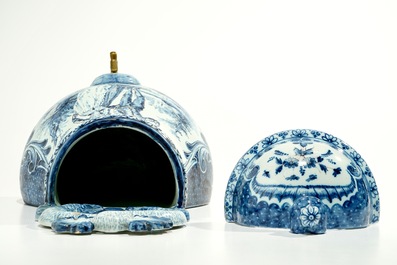 A blue and white French faience Delft style wall fountain and basin, Bourg-la-Reine, dated 1890