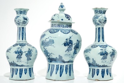 A large Dutch Delft blue and white three-piece chinoiserie garniture, 2nd half 17th C.