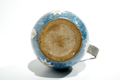 A large blue ground Brussels faience jug with a hen and a cockerel, 18/19th C.