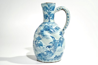 A Dutch Delft blue and white chinoiserie jug, 2nd half 17th C.