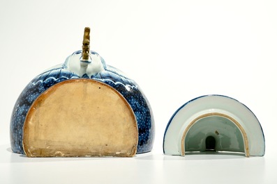 A blue and white French faience Delft style wall fountain and basin, Bourg-la-Reine, dated 1890