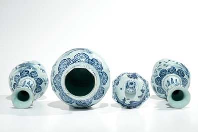 A large Dutch Delft blue and white three-piece chinoiserie garniture, 2nd half 17th C.