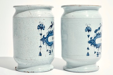 A pair of Brussels faience albarello drug jars, 18th C.