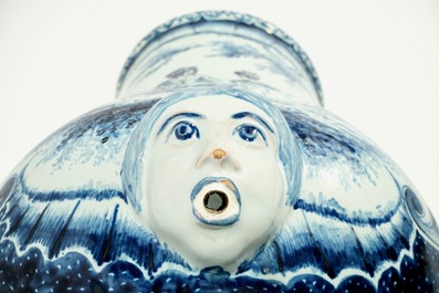 A blue and white French faience Delft style wall fountain and basin, Bourg-la-Reine, dated 1890