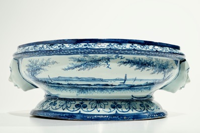 A blue and white French faience Delft style wall fountain and basin, Bourg-la-Reine, dated 1890