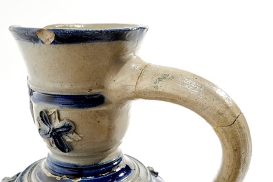 Four Westerwald stoneware jugs, Germany, 17th C.