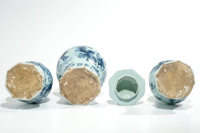 A large Dutch Delft blue and white three-piece chinoiserie garniture, 2nd half 17th C.