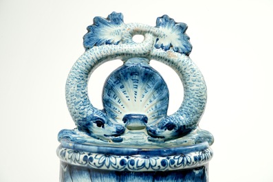 A blue and white French faience Delft style wall fountain and basin, Bourg-la-Reine, dated 1890
