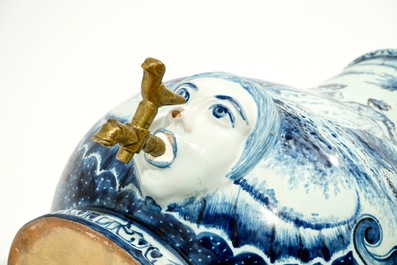 A blue and white French faience Delft style wall fountain and basin, Bourg-la-Reine, dated 1890