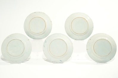 Five Dutch Delft blue and white text plates, 18th C.