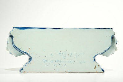 A blue and white French faience Delft style wall fountain and basin, Bourg-la-Reine, dated 1890