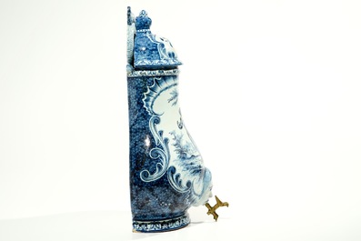 A blue and white French faience Delft style wall fountain and basin, Bourg-la-Reine, dated 1890