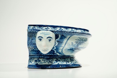 A blue and white French faience Delft style wall fountain and basin, Bourg-la-Reine, dated 1890