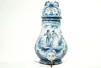 A blue and white French faience Delft style wall fountain and basin, Bourg-la-Reine, dated 1890