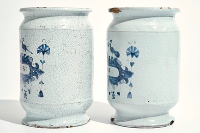 A pair of Brussels faience albarello drug jars, 18th C.