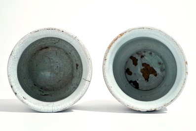A pair of Brussels faience albarello drug jars, 18th C.