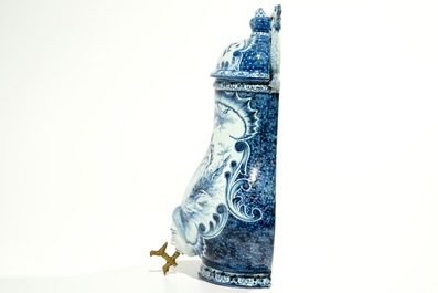 A blue and white French faience Delft style wall fountain and basin, Bourg-la-Reine, dated 1890