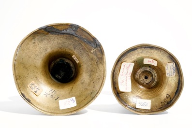 Two gothic bronze candlesticks, Low Countries, 15/16th C.