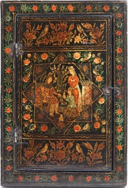 Two painted papier mache mirror frames and a painted panel, Qajar, Iran, 19th C.