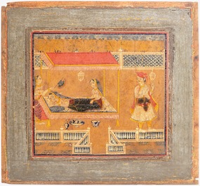 Two painted papier mache mirror frames and a painted panel, Qajar, Iran, 19th C.