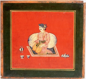 Two painted papier mache mirror frames and a painted panel, Qajar, Iran, 19th C.