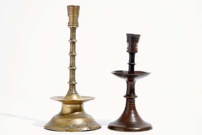 Two gothic bronze candlesticks, Low Countries, 15/16th C.