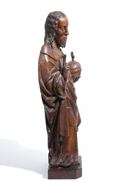 Een grote eiken sculptuur van Christus als Salvator Mundi, Vlaanderen, 16e eeuw