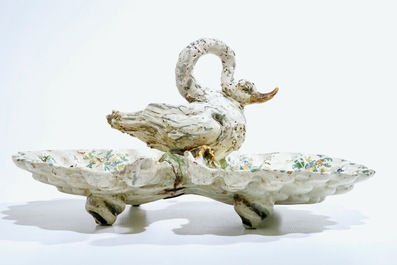 A large faience centerpiece with a swan, prob. Nove di Bassano, Italy, 18/19th C.
