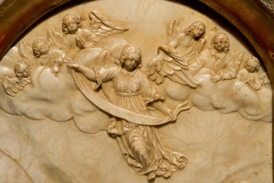 Een groot albasten reli&euml;f met decor "De aanbidding van de herders", monogram IB, mog. Mechelen, 17e eeuw