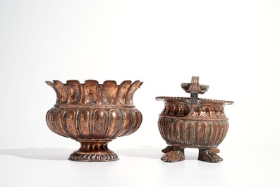An exceptionally large brass jardiniere and two smaller ones, 17/18th C.