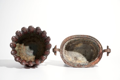 An exceptionally large brass jardiniere and two smaller ones, 17/18th C.