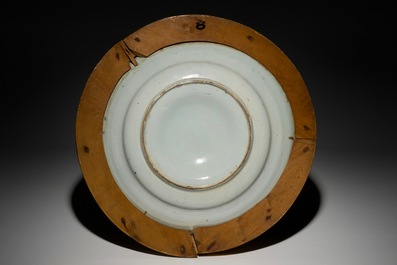 A Dutch Delft blue and white cardinal's dish in frame, dated 1787