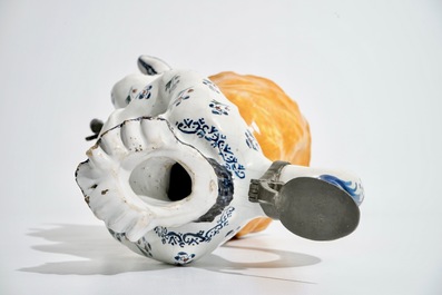 A large polychrome pewter-mounted Brussels faience "Jacqueline" jug, 18th C.