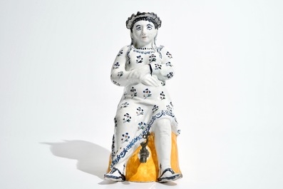 A large polychrome pewter-mounted Brussels faience "Jacqueline" jug, 18th C.