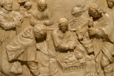 Een groot albasten reli&euml;f met decor "De aanbidding van de herders", monogram IB, mog. Mechelen, 17e eeuw