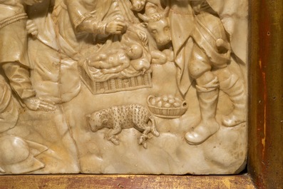 Een groot albasten reli&euml;f met decor "De aanbidding van de herders", monogram IB, mog. Mechelen, 17e eeuw