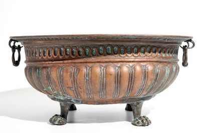 An exceptionally large brass jardiniere and two smaller ones, 17/18th C.