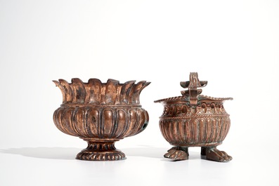 An exceptionally large brass jardiniere and two smaller ones, 17/18th C.