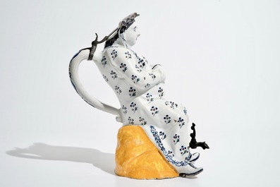 A large polychrome pewter-mounted Brussels faience "Jacqueline" jug, 18th C.