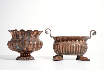 An exceptionally large brass jardiniere and two smaller ones, 17/18th C.