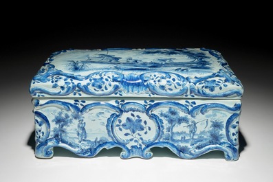 A rectangular Dutch Delft blue and white box and cover, 19th C.