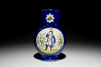 A blue ground Brussels faience jug with Napoleon, 19th C.