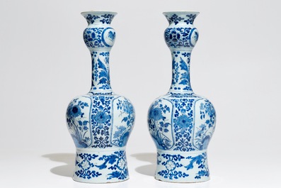 A pair of tall Dutch Delft blue and white chinoiserie vases, 1st half 18th C.