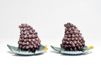A pair of polychrome Dutch Delft tureens modelled as grapes, 18th C.