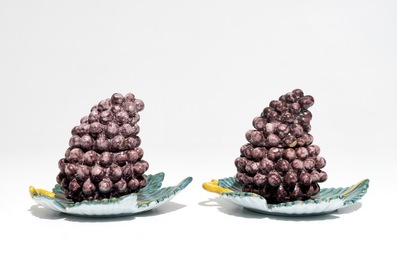 A pair of polychrome Dutch Delft tureens modelled as grapes, 18th C.