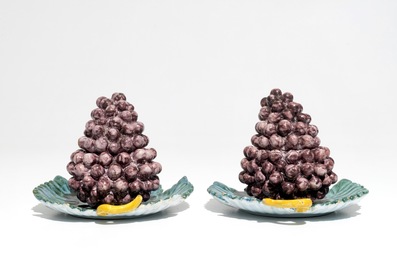 A pair of polychrome Dutch Delft tureens modelled as grapes, 18th C.