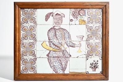 A tile mural with a Moor in manganese and yellow, Lille, France, 18th C.