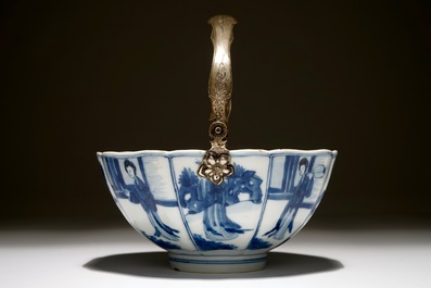 A Chinese blue and white silver-handled bowl with Long Eliza, Kangxi