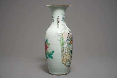 A Chinese famille rose two-sided design vase, 19/20th C.